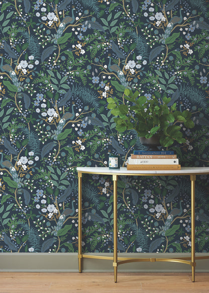 York Wallcoverings Peel and Stick Rifle Paper 3 Peacock Garden Navy Peel and Stick Wallpaper Whimsical Animals and Insects Blues  Wallpaper - PSW1536RL