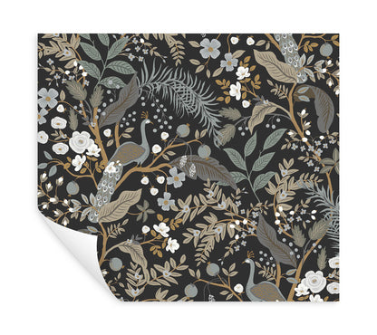 York Wallcoverings Peel and Stick Rifle Paper 3 Peacock Garden Black Peel and Stick Wallpaper Whimsical Animals and Insects Blacks  Wallpaper - PSW1537RL