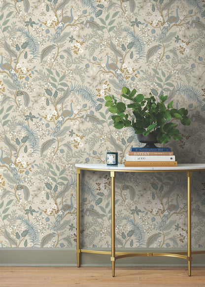 York Wallcoverings Peel and Stick Rifle Paper 3 Peacock Garden Linen Peel and Stick Wallpaper Whimsical Animals and Insects Beiges  Wallpaper - PSW1538RL