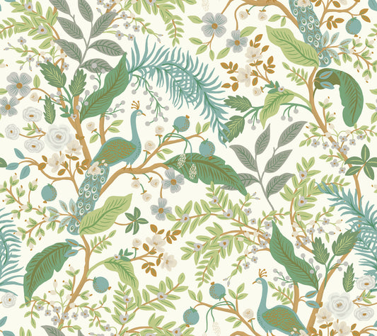 York Wallcoverings Peel and Stick Rifle Paper 3 Peacock Garden White Peel and Stick Wallpaper Whimsical Animals and Insects Greens  Wallpaper - PSW1539RL