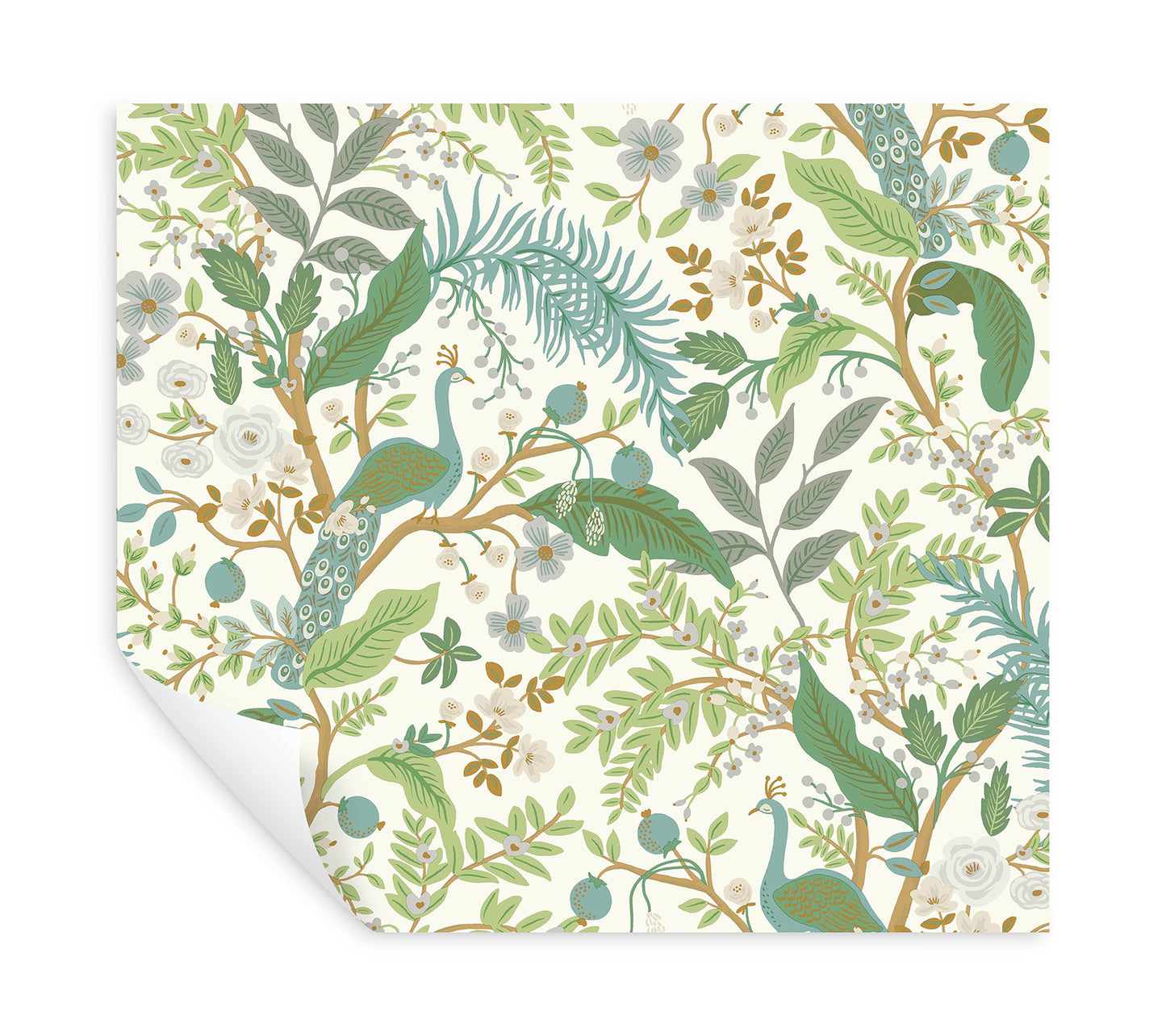 York Wallcoverings Peel and Stick Rifle Paper 3 Peacock Garden White Peel and Stick Wallpaper Whimsical Animals and Insects Greens  Wallpaper - PSW1539RL