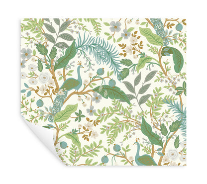 York Wallcoverings Peel and Stick Rifle Paper 3 Peacock Garden White Peel and Stick Wallpaper Whimsical Animals and Insects Greens  Wallpaper - PSW1539RL