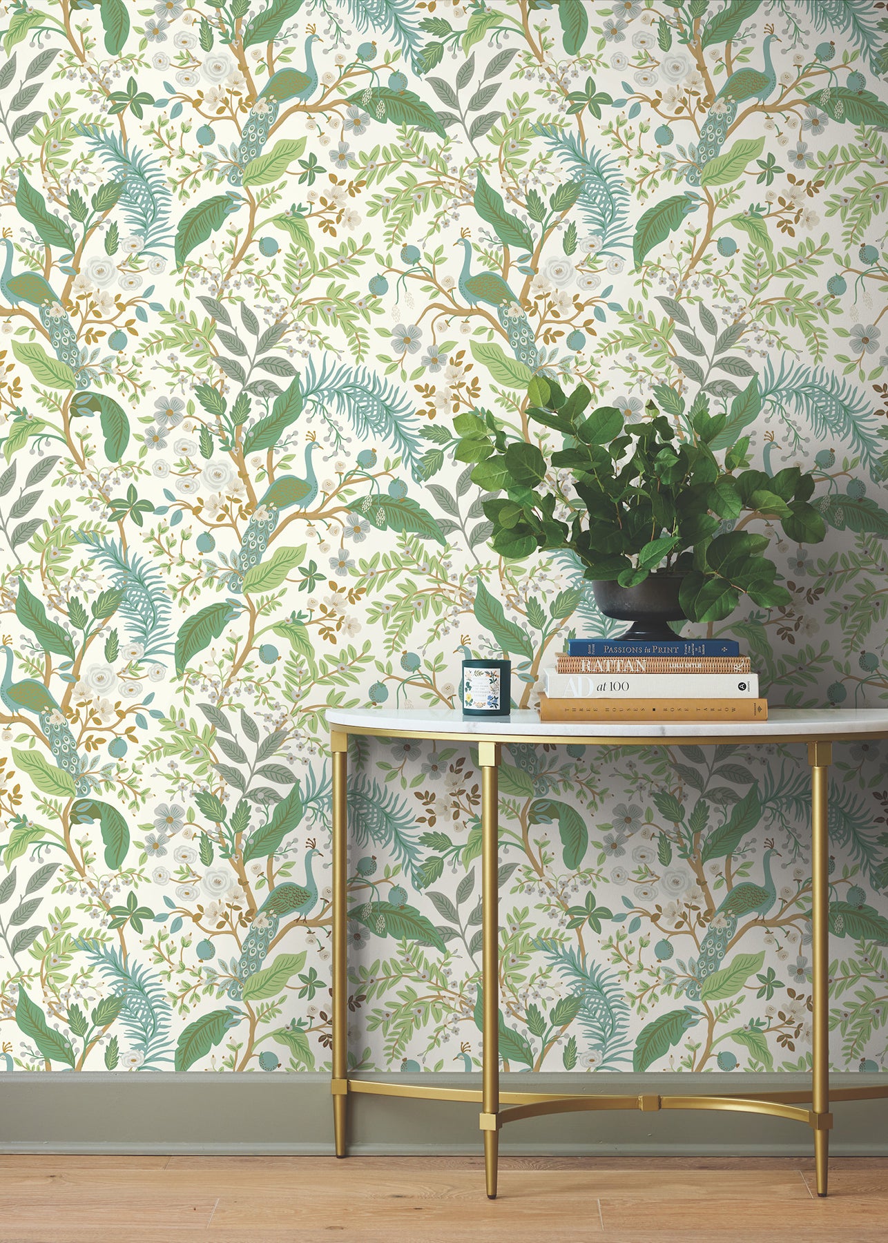 York Wallcoverings Peel and Stick Rifle Paper 3 Peacock Garden White Peel and Stick Wallpaper Whimsical Animals and Insects Greens  Wallpaper - PSW1539RL