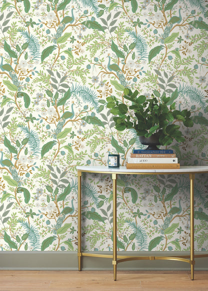 York Wallcoverings Peel and Stick Rifle Paper 3 Peacock Garden White Peel and Stick Wallpaper Whimsical Animals and Insects Greens  Wallpaper - PSW1539RL