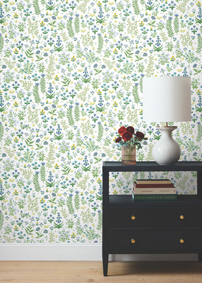 York Wallcoverings Aviva Stanoff Menagerie Garden Blue Multicolor Peel and Stick Wallpaper Whimsical Florals and Flowers Blues  Wallpaper - PSW1551RL