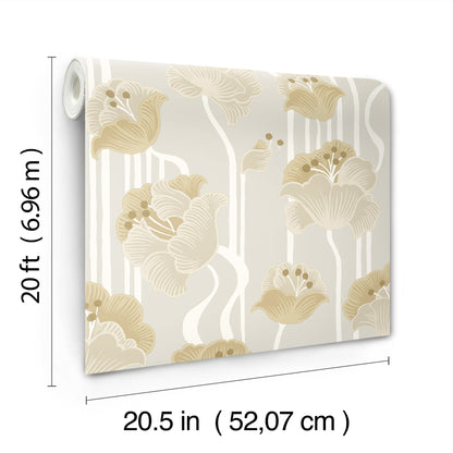 York Wallcoverings Mirth Studios Shirley Neutral Deco Floral Peel and Stick Wallpaper Whimsical Florals and Flowers Beiges  Wallpaper - PSW1568RL