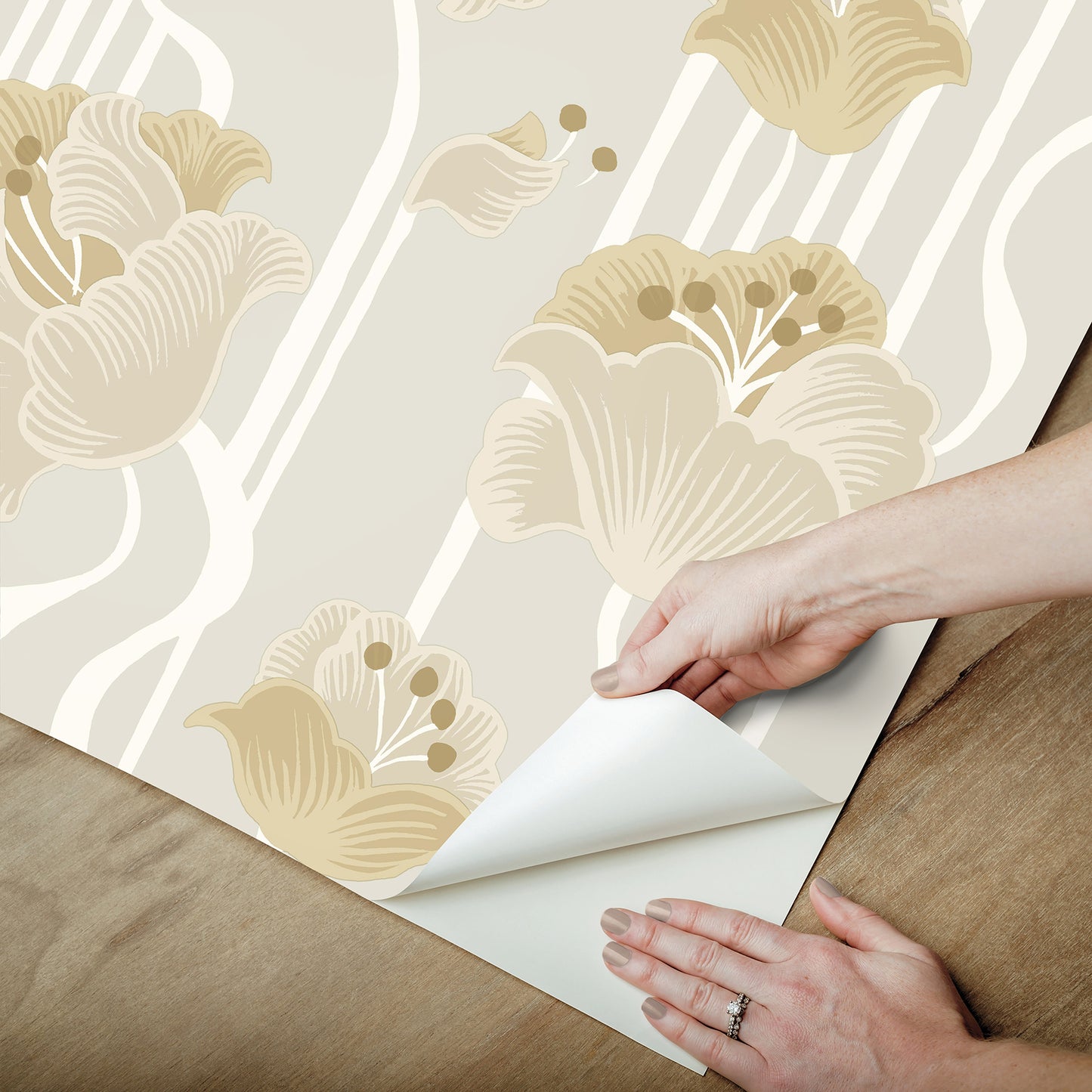 York Wallcoverings Mirth Studios Shirley Neutral Deco Floral Peel and Stick Wallpaper Whimsical Florals and Flowers Beiges  Wallpaper - PSW1568RL