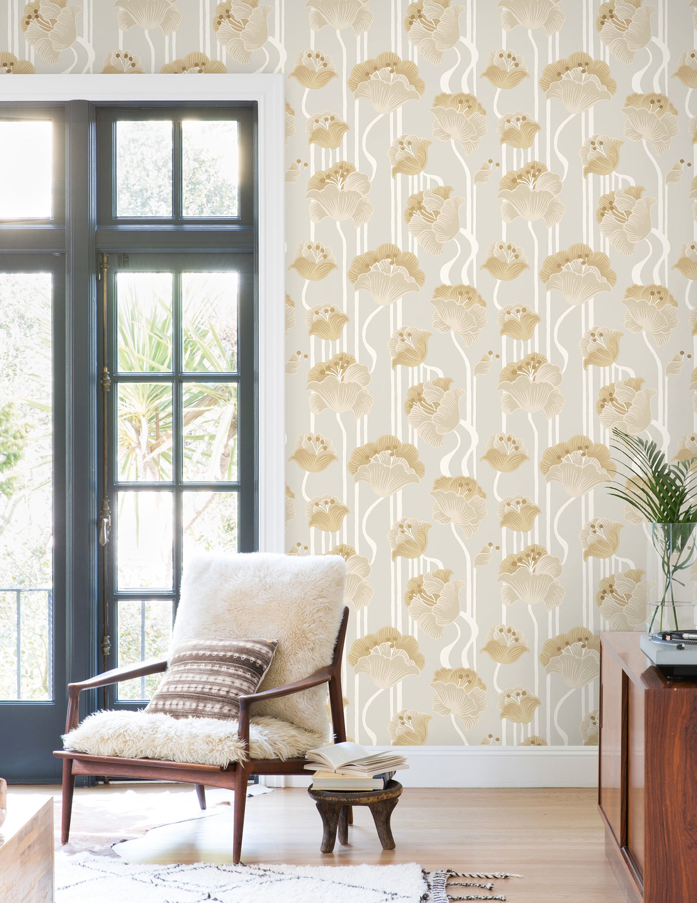 York Wallcoverings Mirth Studios Shirley Neutral Deco Floral Peel and Stick Wallpaper Whimsical Florals and Flowers Beiges  Wallpaper - PSW1568RL