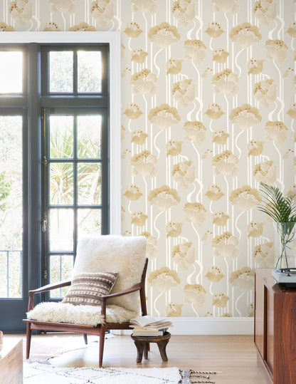 York Wallcoverings Mirth Studios Shirley Neutral Deco Floral Peel and Stick Wallpaper Whimsical Florals and Flowers Beiges  Wallpaper - PSW1568RL