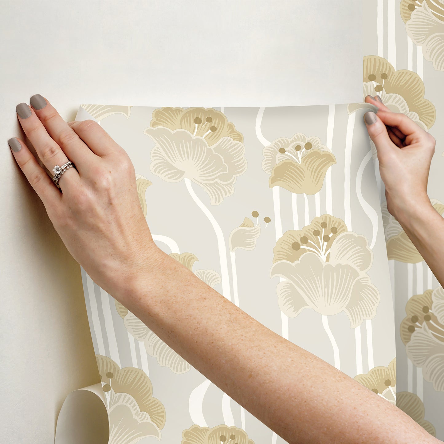 York Wallcoverings Mirth Studios Shirley Neutral Deco Floral Peel and Stick Wallpaper Whimsical Florals and Flowers Beiges  Wallpaper - PSW1568RL