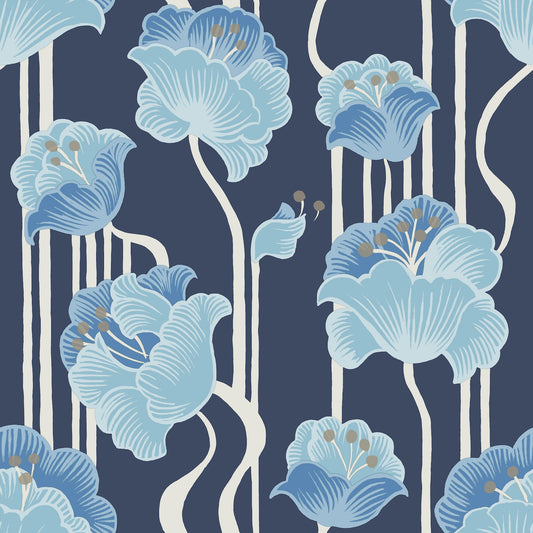 York Wallcoverings Mirth Studios Shirley Blue Deco Floral Peel and Stick Wallpaper Whimsical Florals and Flowers Blues  Wallpaper - PSW1569RL