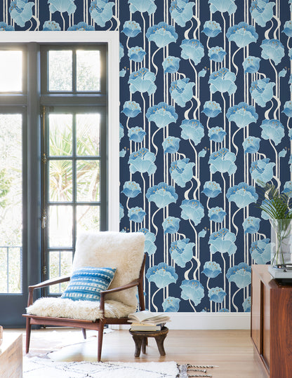 York Wallcoverings Mirth Studios Shirley Blue Deco Floral Peel and Stick Wallpaper Whimsical Florals and Flowers Blues  Wallpaper - PSW1569RL