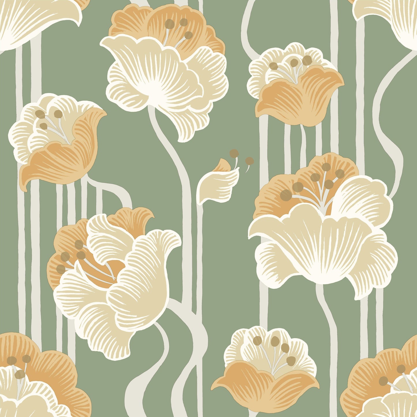 York Wallcoverings Mirth Studios Shirley Green Deco Floral Peel and Stick Wallpaper Whimsical Florals and Flowers Yellows  Wallpaper - PSW1570RL