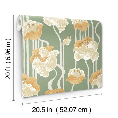 York Wallcoverings Mirth Studios Shirley Green Deco Floral Peel and Stick Wallpaper Whimsical Florals and Flowers Yellows  Wallpaper - PSW1570RL