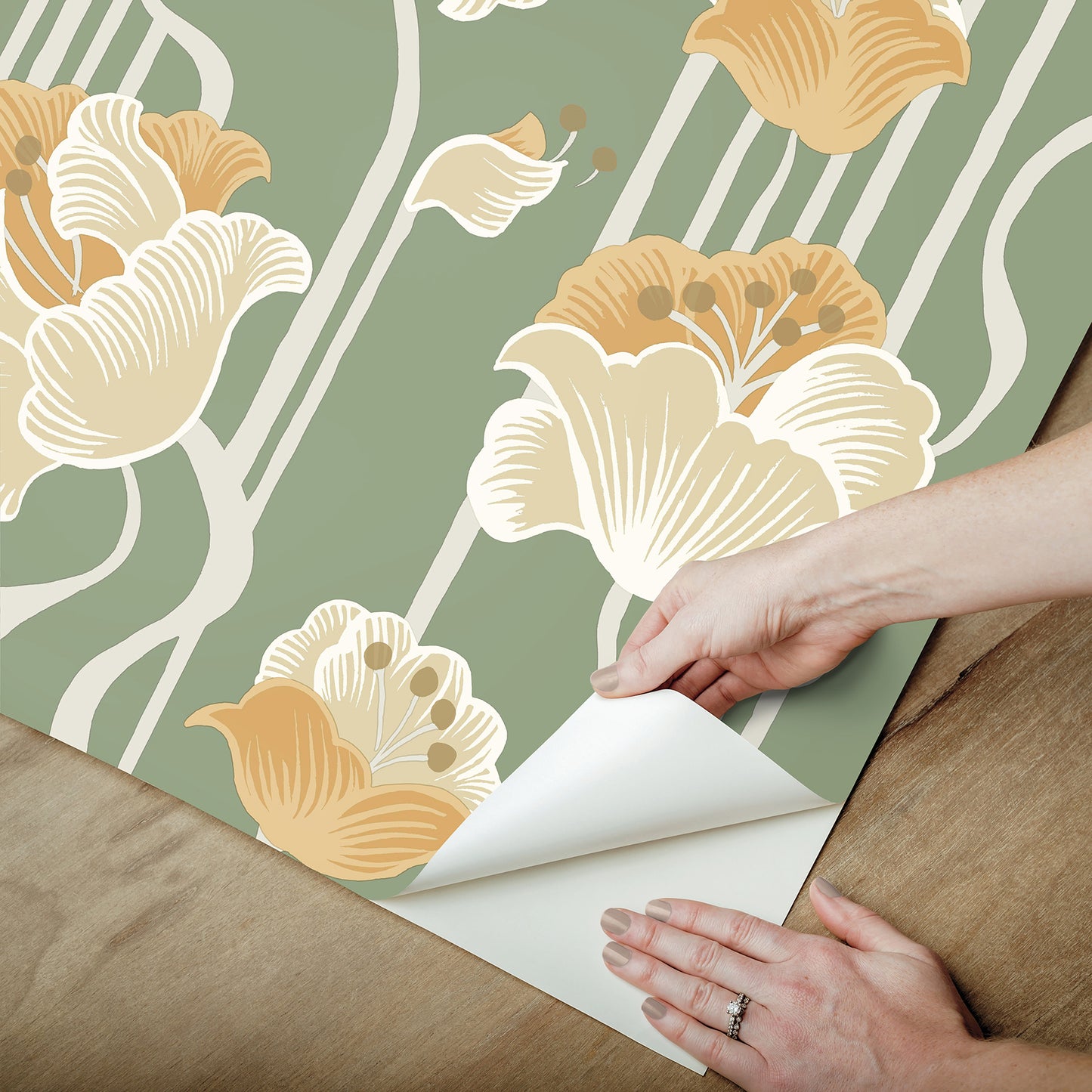 York Wallcoverings Mirth Studios Shirley Green Deco Floral Peel and Stick Wallpaper Whimsical Florals and Flowers Yellows  Wallpaper - PSW1570RL