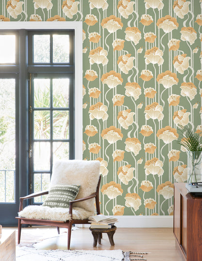 York Wallcoverings Mirth Studios Shirley Green Deco Floral Peel and Stick Wallpaper Whimsical Florals and Flowers Yellows  Wallpaper - PSW1570RL