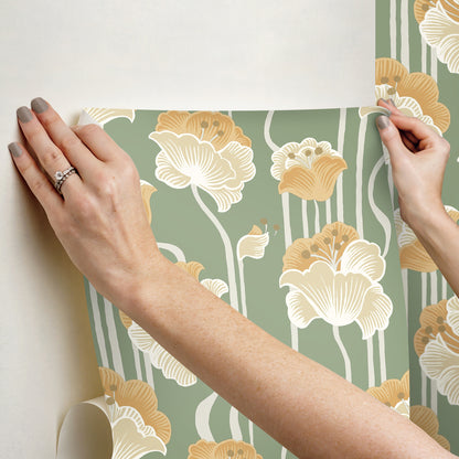 York Wallcoverings Mirth Studios Shirley Green Deco Floral Peel and Stick Wallpaper Whimsical Florals and Flowers Yellows  Wallpaper - PSW1570RL