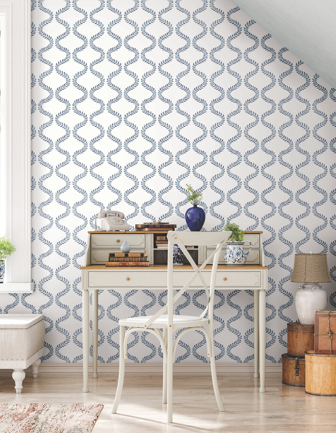 York Wallcoverings Mirth Studios Florentine Blue Vine Trellis Peel and Stick Wallpaper Transitional Botanical Blues  Wallpaper - PSW1573RL