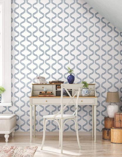 York Wallcoverings Mirth Studios Florentine Blue Vine Trellis Peel and Stick Wallpaper Transitional Botanical Blues  Wallpaper - PSW1573RL