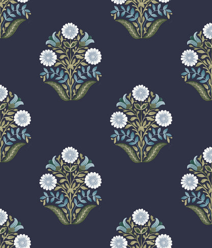 York Wallcoverings Mirth Studios Sophie Navy Floral Medallion Peel and Stick Wallpaper Farmhouse Florals and Flowers Blues  Wallpaper - PSW1576RL