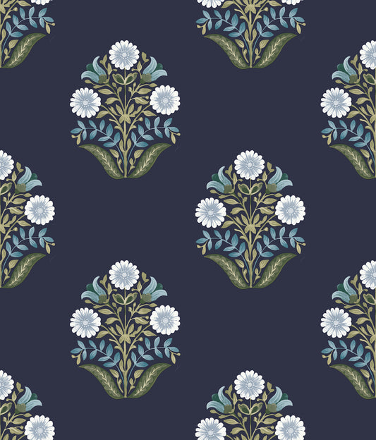 York Wallcoverings Mirth Studios Sophie Navy Floral Medallion Peel and Stick Wallpaper Farmhouse Florals and Flowers Blues  Wallpaper - PSW1576RL