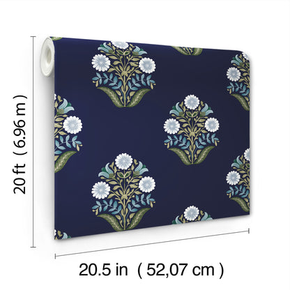 York Wallcoverings Mirth Studios Sophie Navy Floral Medallion Peel and Stick Wallpaper Farmhouse Florals and Flowers Blues  Wallpaper - PSW1576RL