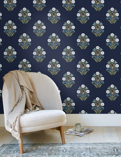 York Wallcoverings Mirth Studios Sophie Navy Floral Medallion Peel and Stick Wallpaper Farmhouse Florals and Flowers Blues  Wallpaper - PSW1576RL