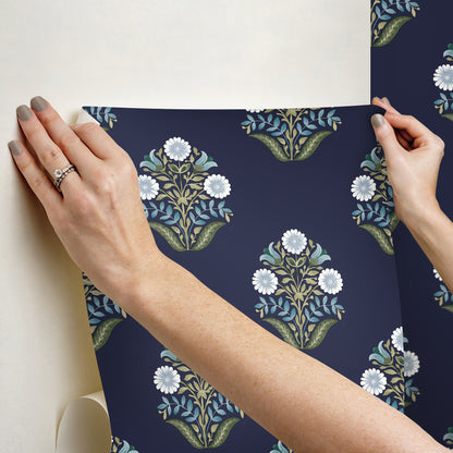 York Wallcoverings Mirth Studios Sophie Navy Floral Medallion Peel and Stick Wallpaper Farmhouse Florals and Flowers Blues  Wallpaper - PSW1576RL