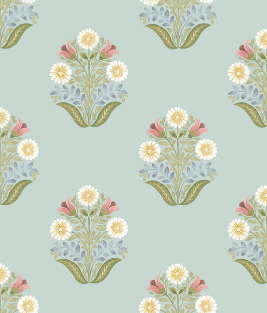 York Wallcoverings Mirth Studios Sophie Aqua Floral Medallion Peel and Stick Wallpaper Farmhouse Florals and Flowers Blues  Wallpaper - PSW1578RL
