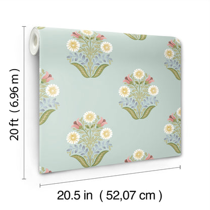 York Wallcoverings Mirth Studios Sophie Aqua Floral Medallion Peel and Stick Wallpaper Farmhouse Florals and Flowers Blues  Wallpaper - PSW1578RL