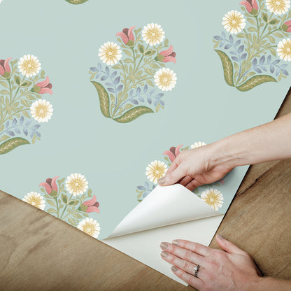 York Wallcoverings Mirth Studios Sophie Aqua Floral Medallion Peel and Stick Wallpaper Farmhouse Florals and Flowers Blues  Wallpaper - PSW1578RL