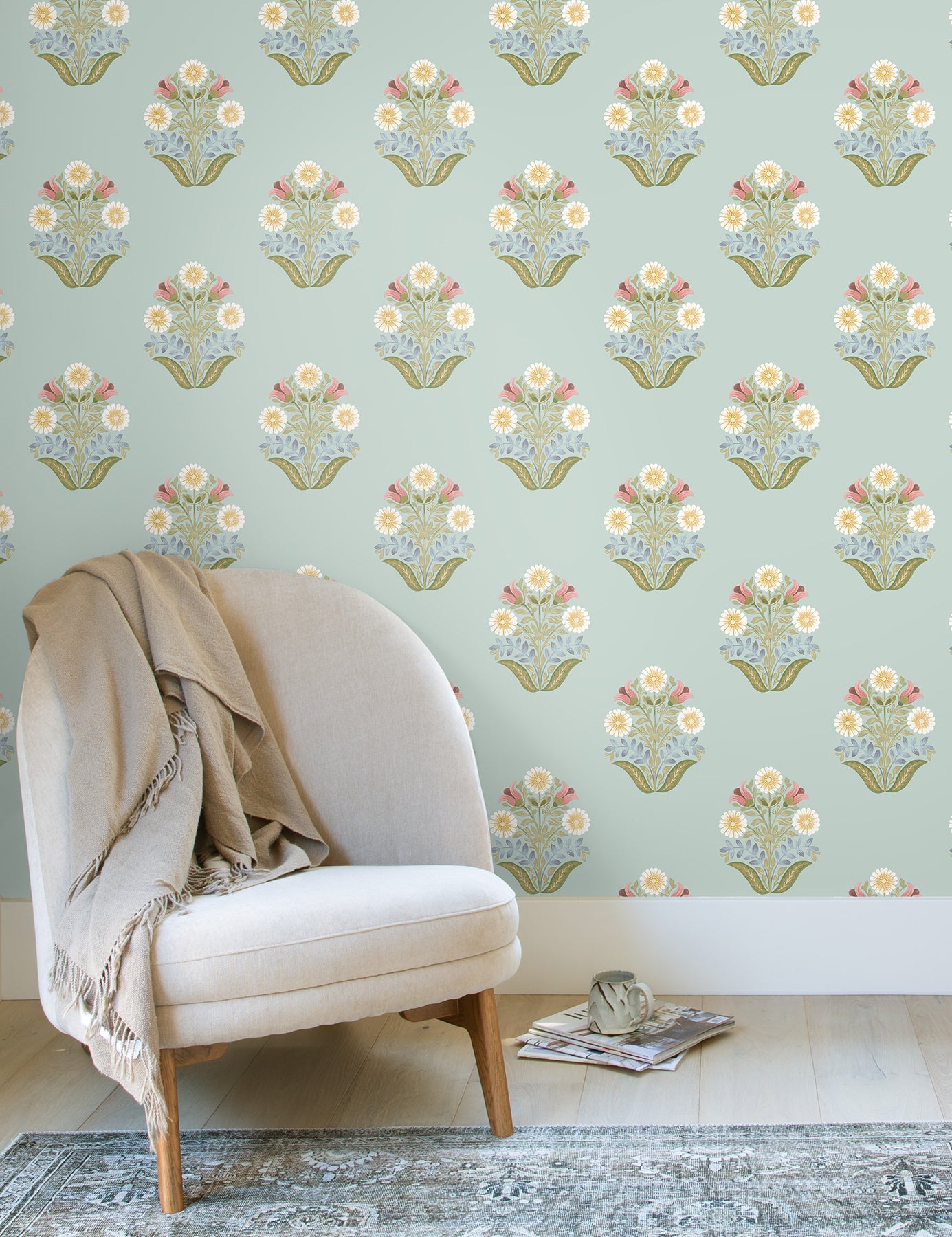 York Wallcoverings Mirth Studios Sophie Aqua Floral Medallion Peel and Stick Wallpaper Farmhouse Florals and Flowers Blues  Wallpaper - PSW1578RL