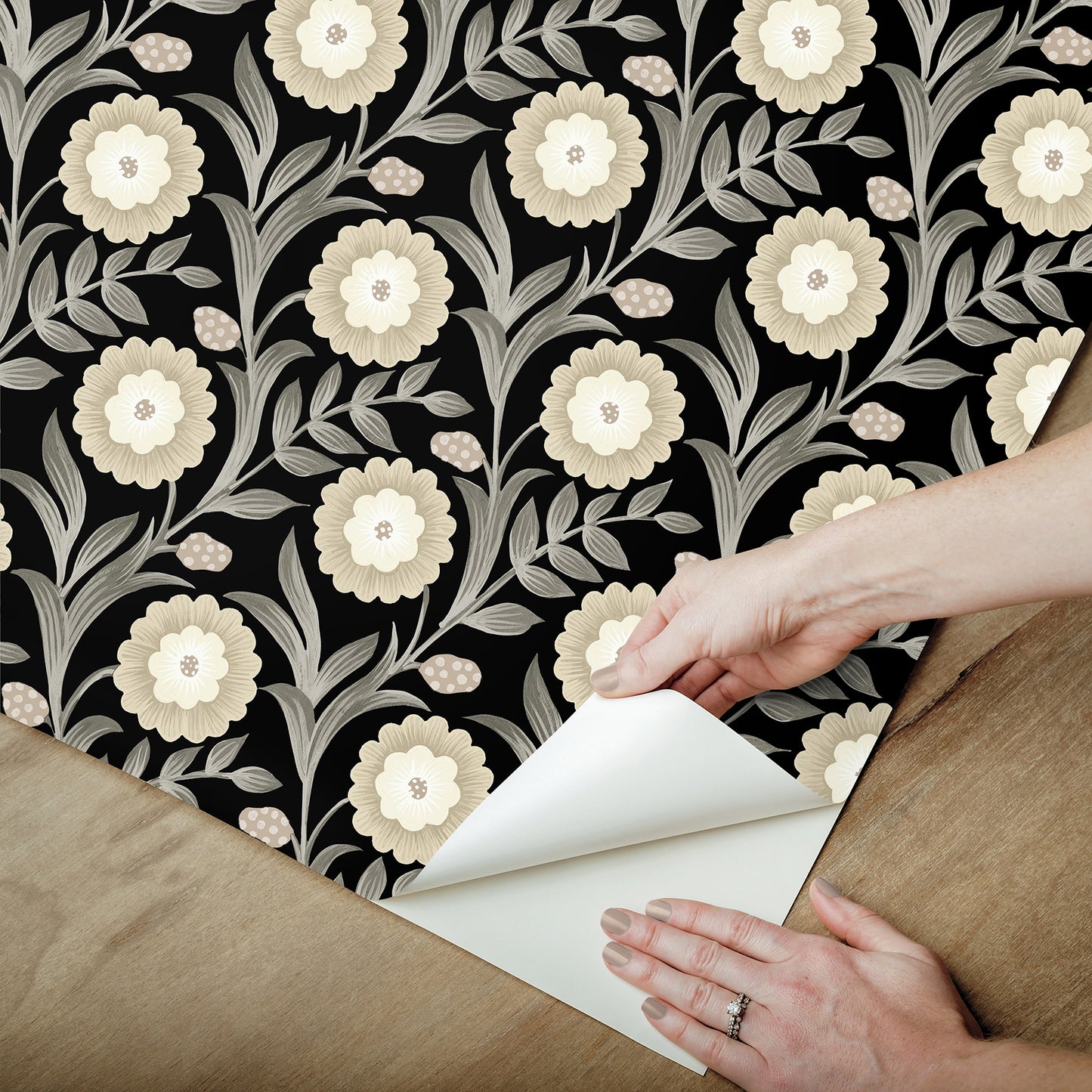 York Wallcoverings Mirth Studios Lillian Black Floral Vine Peel and Stick Wallpaper Farmhouse Florals and Flowers Beiges  Wallpaper - PSW1581RL