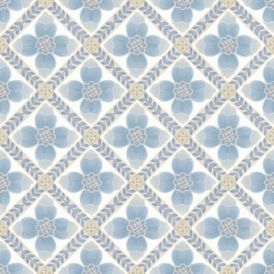 York Wallcoverings Mirth Studios Mimi Blue Quilted Floral Peel and Stick Wallpaper Farmhouse Florals and Flowers Blues  Wallpaper - PSW1583RL