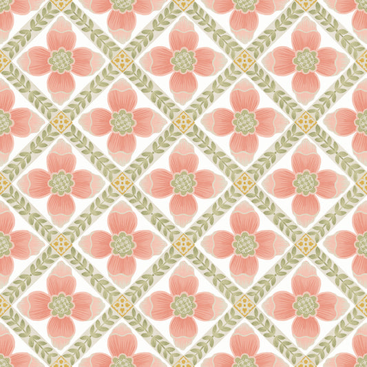 York Wallcoverings Mirth Studios Mimi Coral Quilted Floral Peel and Stick Wallpaper Farmhouse Florals and Flowers Pinks  Wallpaper - PSW1584RL