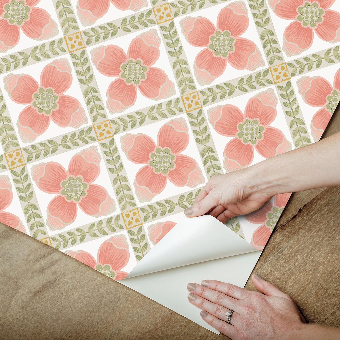 York Wallcoverings Mirth Studios Mimi Coral Quilted Floral Peel and Stick Wallpaper Farmhouse Florals and Flowers Pinks  Wallpaper - PSW1584RL