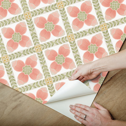 York Wallcoverings Mirth Studios Mimi Coral Quilted Floral Peel and Stick Wallpaper Farmhouse Florals and Flowers Pinks  Wallpaper - PSW1584RL