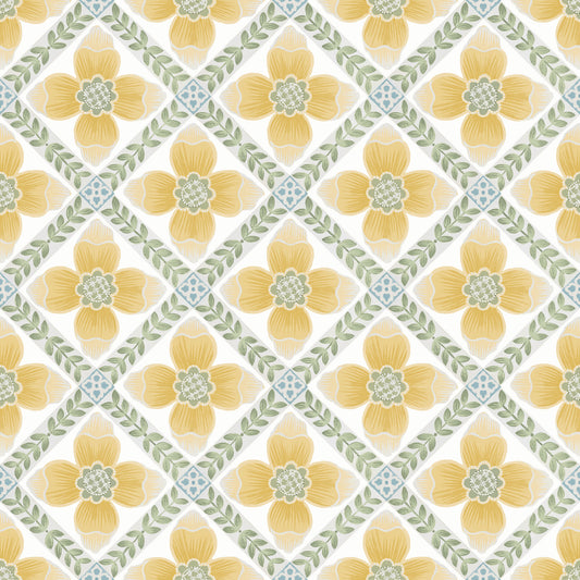 York Wallcoverings Mirth Studios Mimi Yellow Quilted Floral Peel and Stick Wallpaper Farmhouse Florals and Flowers Yellows  Wallpaper - PSW1585RL