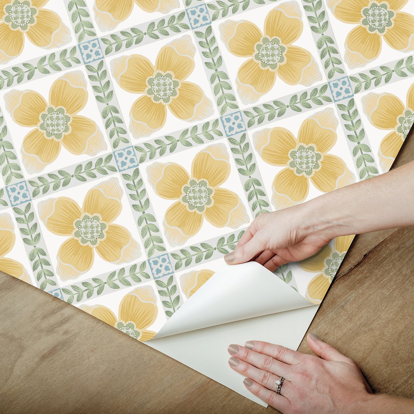 York Wallcoverings Mirth Studios Mimi Yellow Quilted Floral Peel and Stick Wallpaper Farmhouse Florals and Flowers Yellows  Wallpaper - PSW1585RL