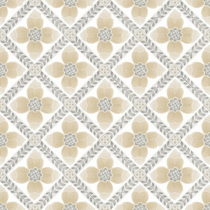 York Wallcoverings Mirth Studios Mimi Neutral Quilted Floral Peel and Stick Wallpaper Farmhouse Florals and Flowers Beiges  Wallpaper - PSW1586RL