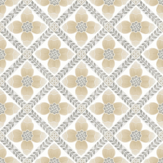 York Wallcoverings Mirth Studios Mimi Neutral Quilted Floral Peel and Stick Wallpaper Farmhouse Florals and Flowers Beiges  Wallpaper - PSW1586RL