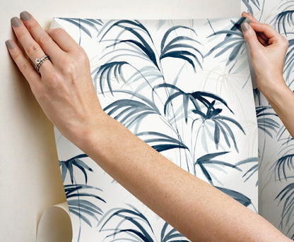 York Wallcoverings Simply Candice PSWP Inky Palms Blue Peel and Stick Wallpaper Tropical Botanical Blues  Wallpaper - PSW1610RL