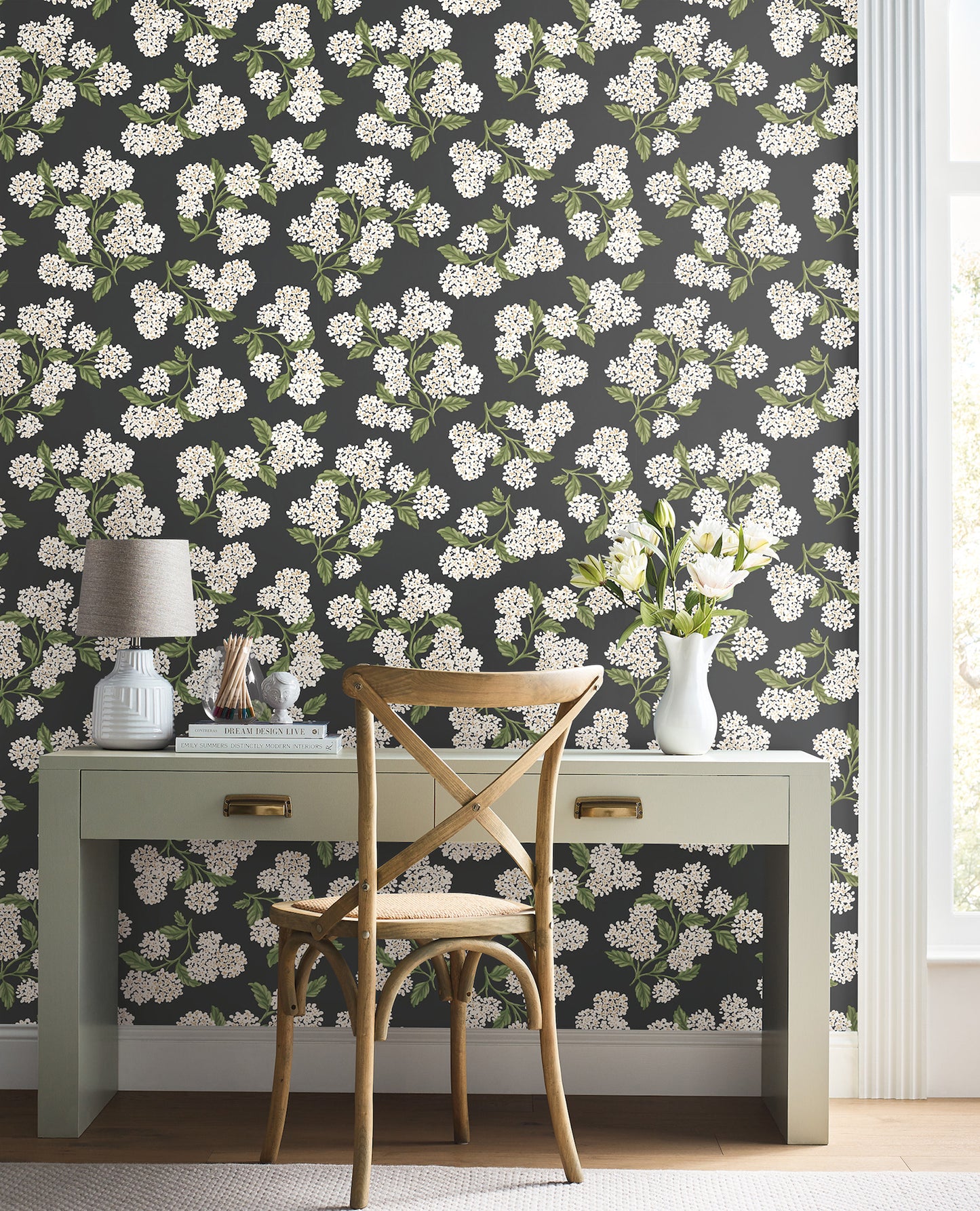 York Wallcoverings Rifle Paper Co P+S 4th Edition Hydrangea Black and White Peel and Stick Wallpaper Modern Florals Blacks  Wallpaper - PSW1618RL