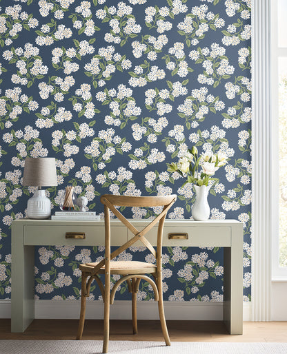 York Wallcoverings Rifle Paper Co P+S 4th Edition Hydrangea Navy and White Peel and Stick Wallpaper Modern Florals Blues  Wallpaper - PSW1619RL
