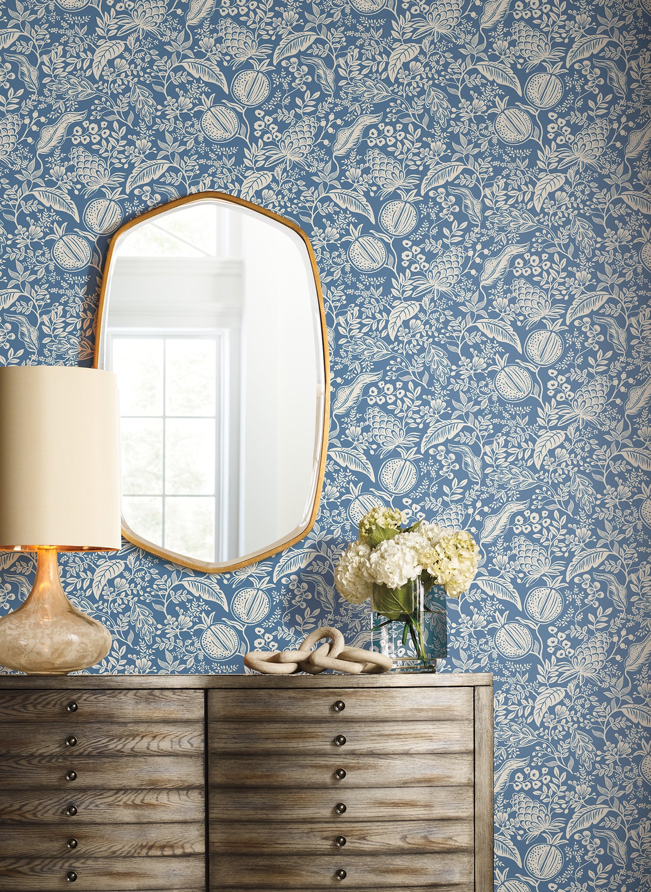 York Wallcoverings Rifle Paper Co P+S 4th Edition Pomegranate Blue and Ivory Peel and Stick Wallpaper Farmhouse Botanical Blues  Wallpaper - PSW1631RL
