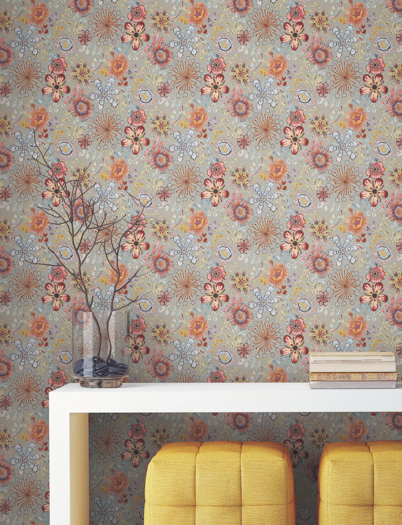 Missoni Magic Garden peel-and-stick wallpaper pattern PSW1637RL in multicolor/gray with botanical stems, leaves and blossoms—premium non-woven removable wallcovering.