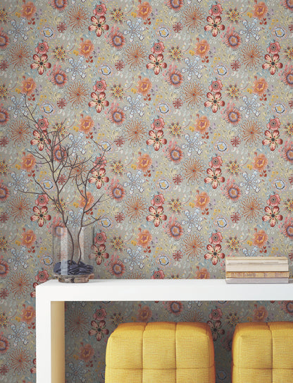 Missoni Magic Garden peel-and-stick wallpaper pattern PSW1637RL in multicolor/gray with botanical stems, leaves and blossoms—premium non-woven removable wallcovering.