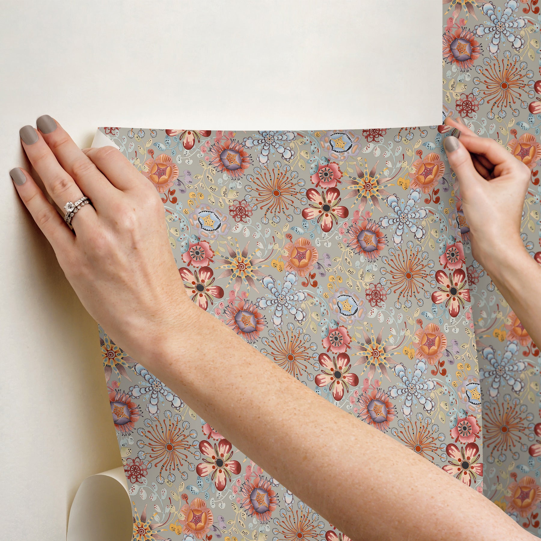 Missoni Magic Garden peel-and-stick wallpaper pattern PSW1637RL in multicolor/gray with botanical stems, leaves and blossoms—premium non-woven removable wallcovering.