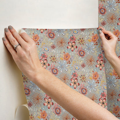 Missoni Magic Garden peel-and-stick wallpaper pattern PSW1637RL in multicolor/gray with botanical stems, leaves and blossoms—premium non-woven removable wallcovering.