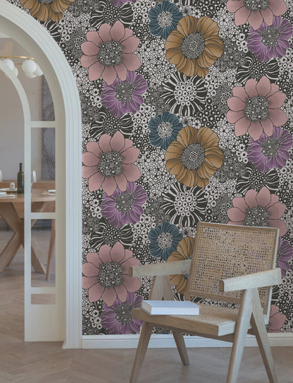 York Wallcoverings Missoni PSWP Anemones Black Peel and Stick Wallpaper Bohemian Florals Pinks  Wallpaper - PSW1638RL